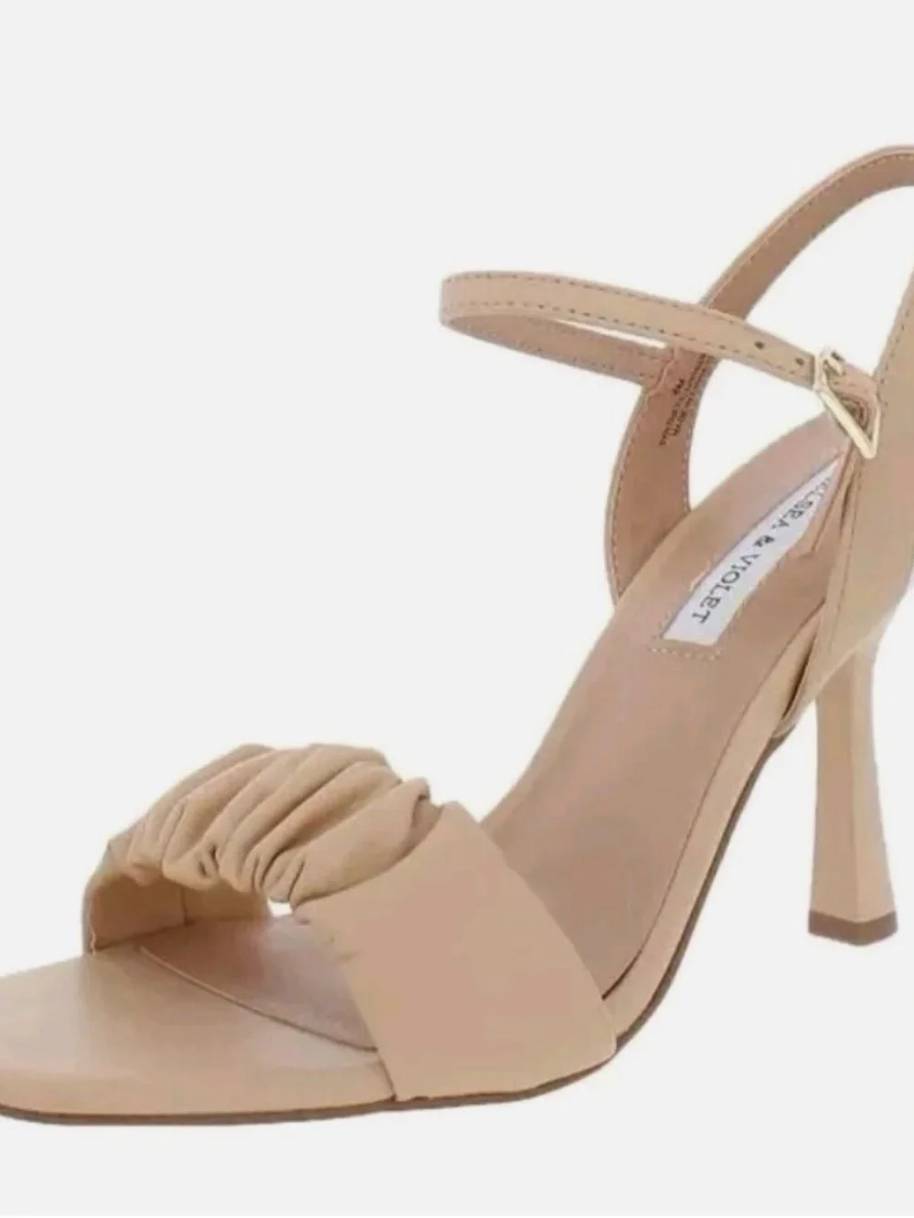 Chelsea & Violet Nude Tan Ruched Front Ankle Strap High Heel Sandal